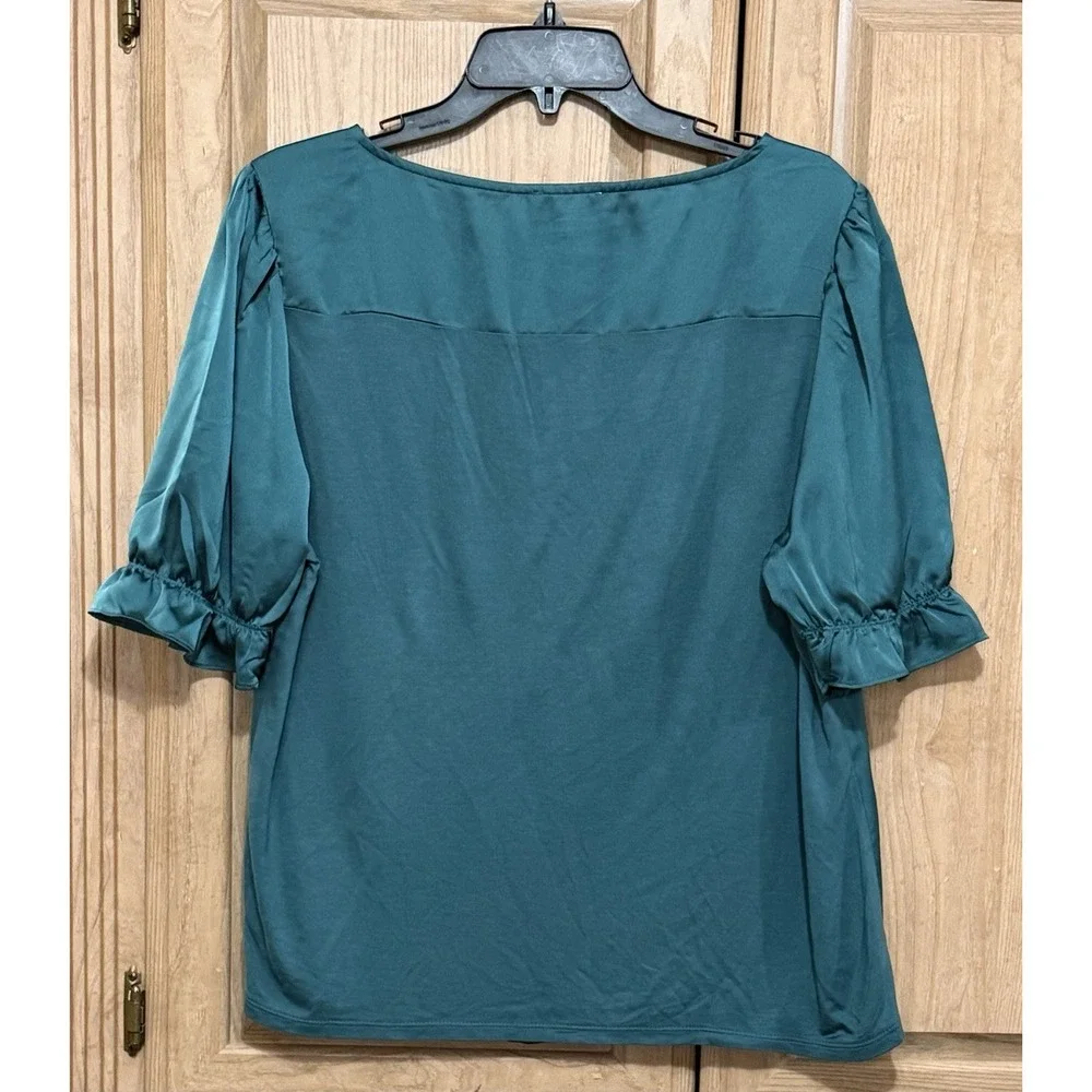 LOFT Satin Puff Short Sleeve Blouse Top Women's Size L Blue Green Ruffled Cuff